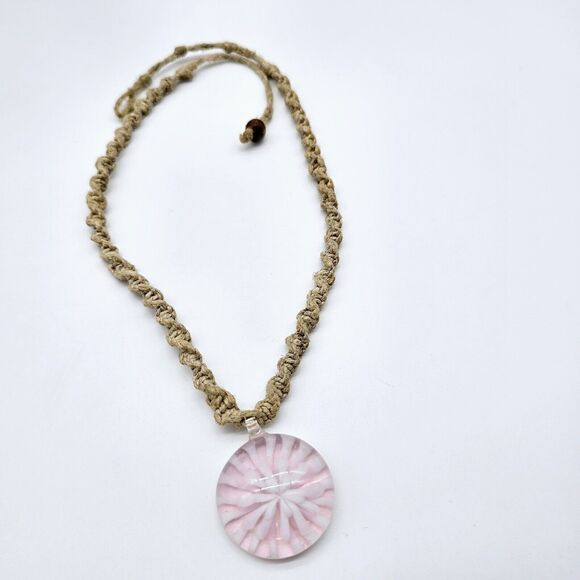 Pink Murano Starburst Necklace Pendant Boho Hemp Chain Art Glass Artisan Flower - Picture 4 of 8